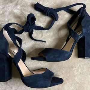 Karl Lagerfeld Racha Blue Suede Block Heel Sandals - Size 9M